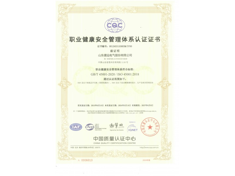 職業(yè)健康安全管理體系認證證書